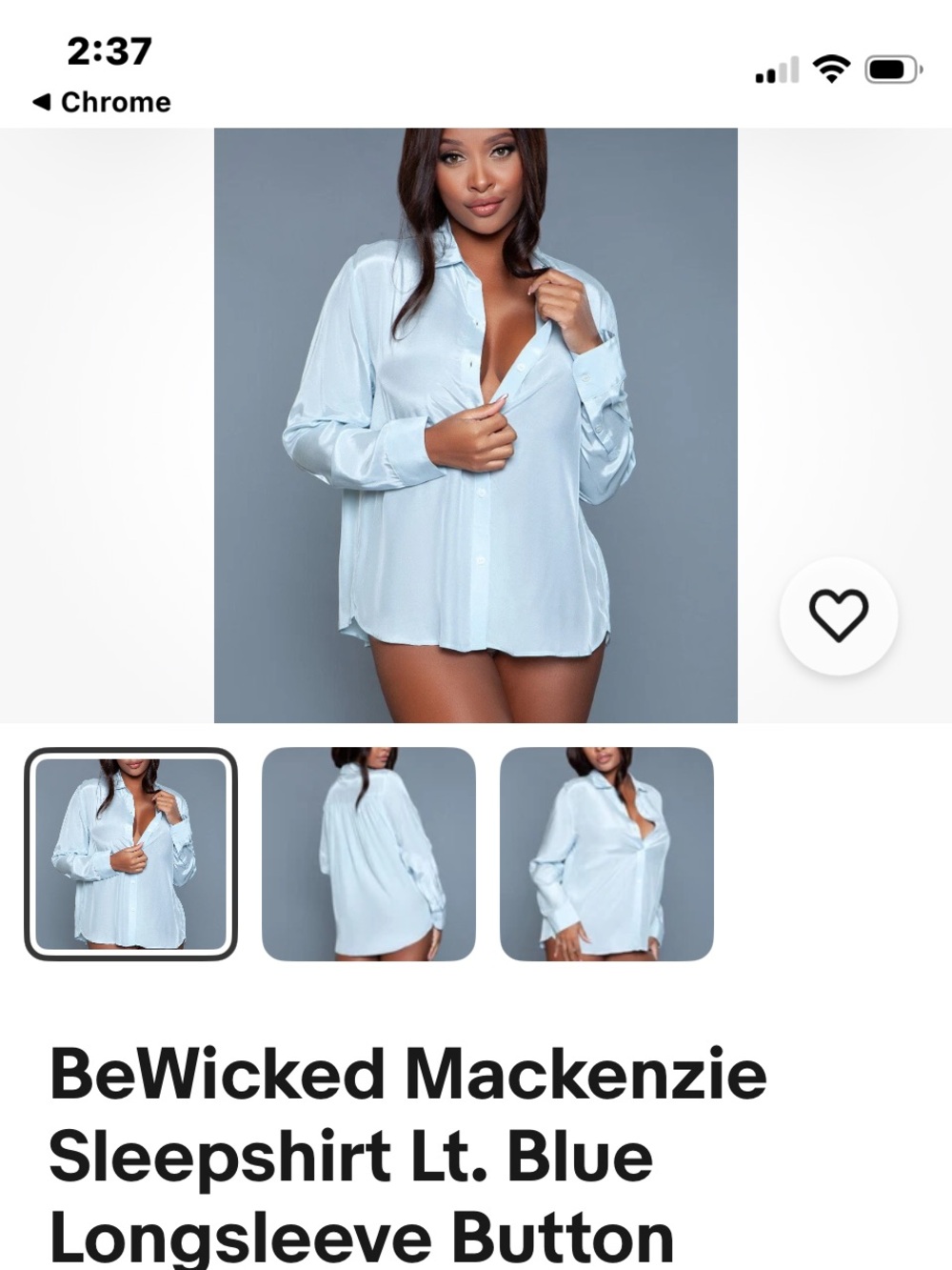 BeWicked Mackenzie Light Blue Longsleeve Button-Down Sleepshirt